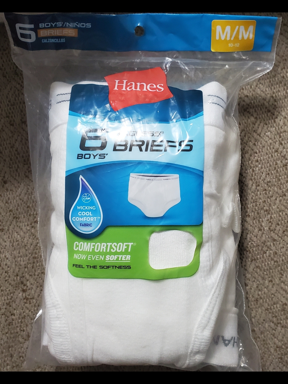 Hanes White Boys' Size Medium 10-12 Tagless Briefs 6-Pack (Packaging May Vary)